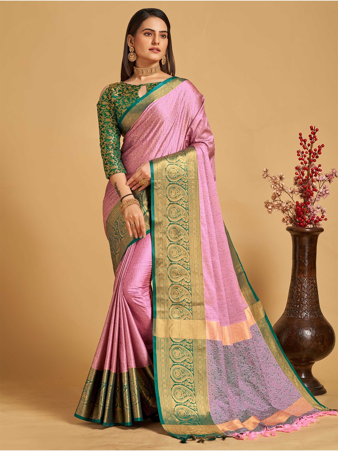 

Mitera Pink & Green Woven Design Zari Silk Cotton Banarasi Saree