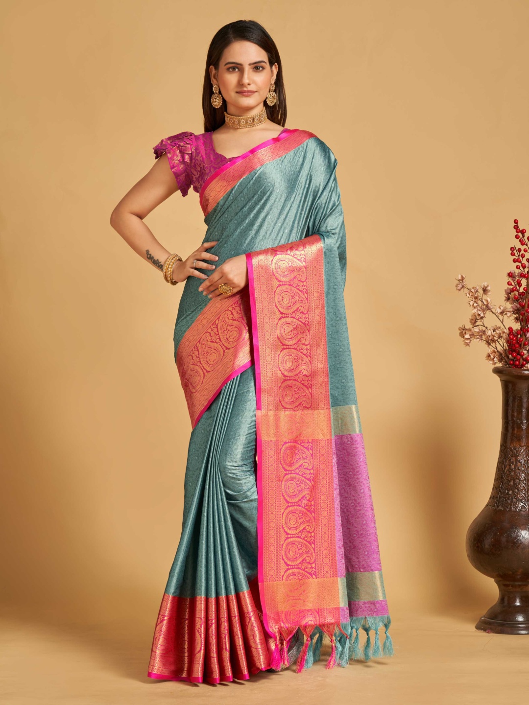 

Mitera Blue & Pink Woven Design Zari Silk Cotton Banarasi Saree