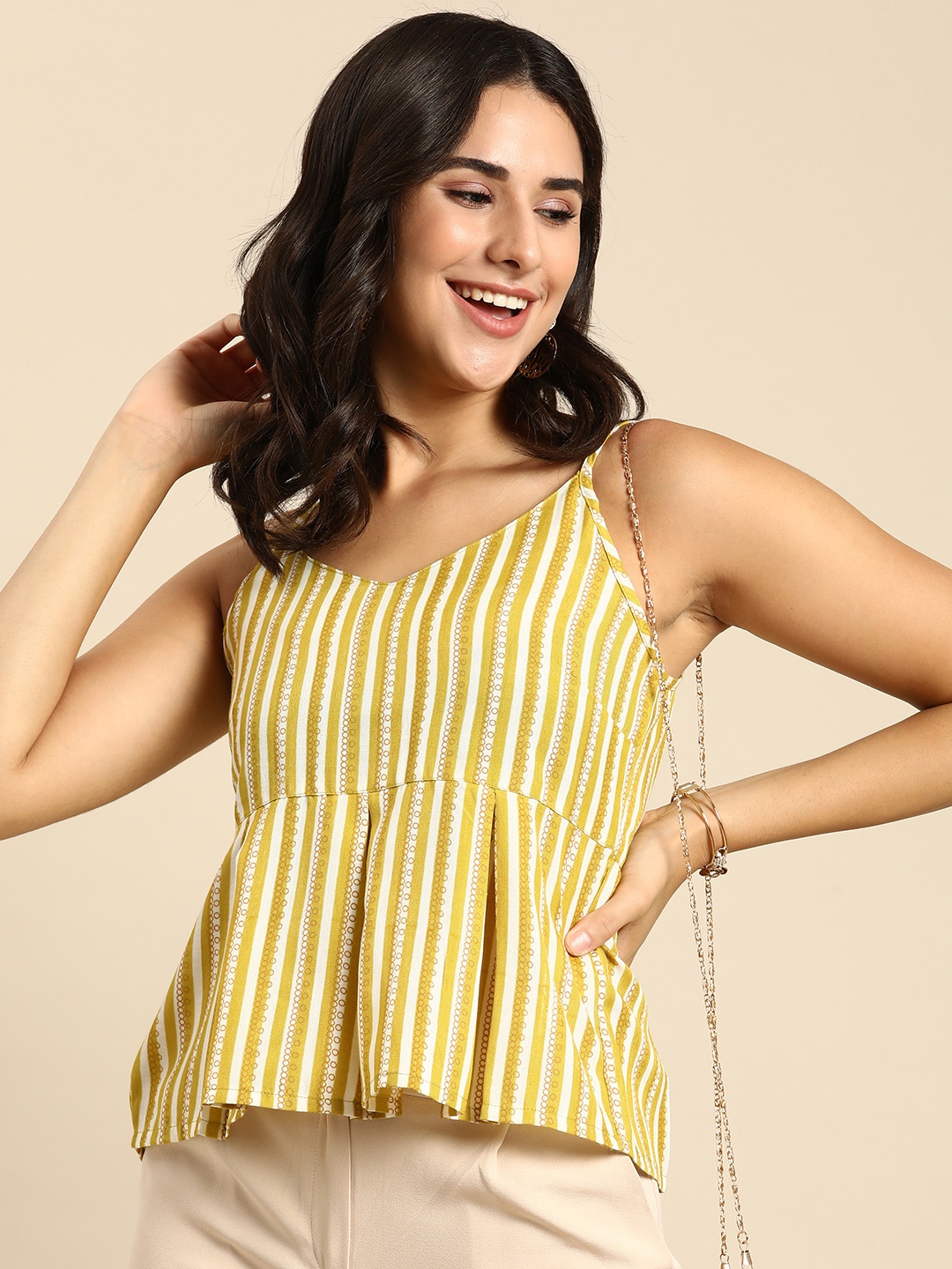 

Anouk Striped Peplum Crop Top, Green