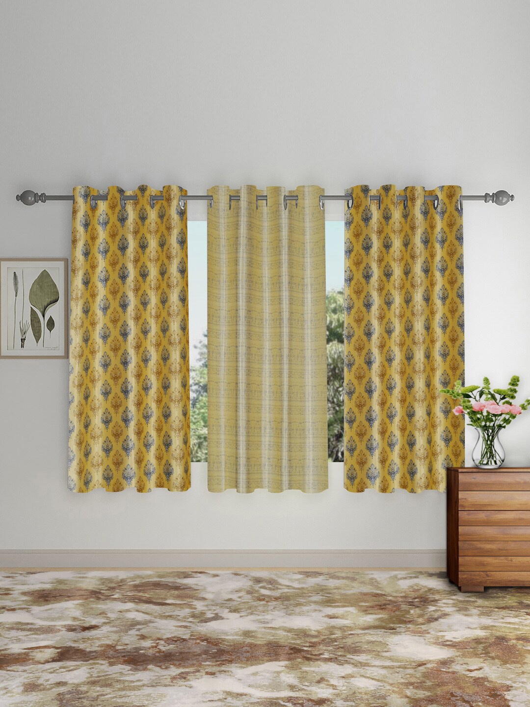 

SOKNACK Yellow & Blue 3 Pieces Floral Printed Black Out Window Curtains