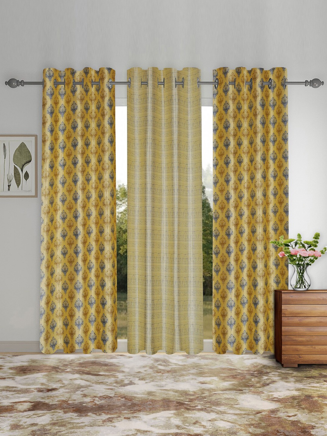 

SOKNACK Yellow & Blue 3 Pieces Ethnic Motifs Black Out Long Door Curtains