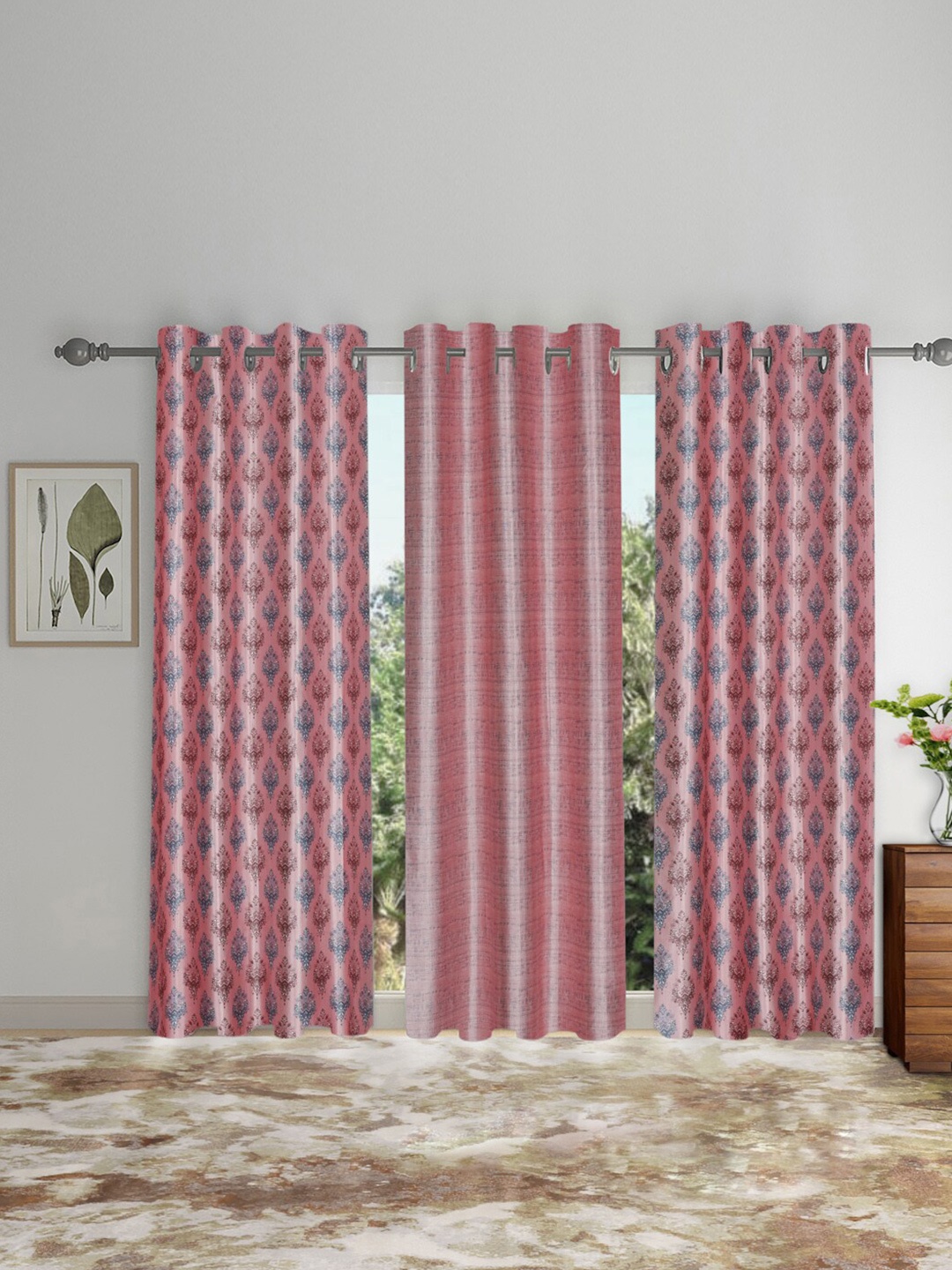 

SOKNACK Pink & Grey 3 Pieces Ethnic Motifs Black Out Door Curtains