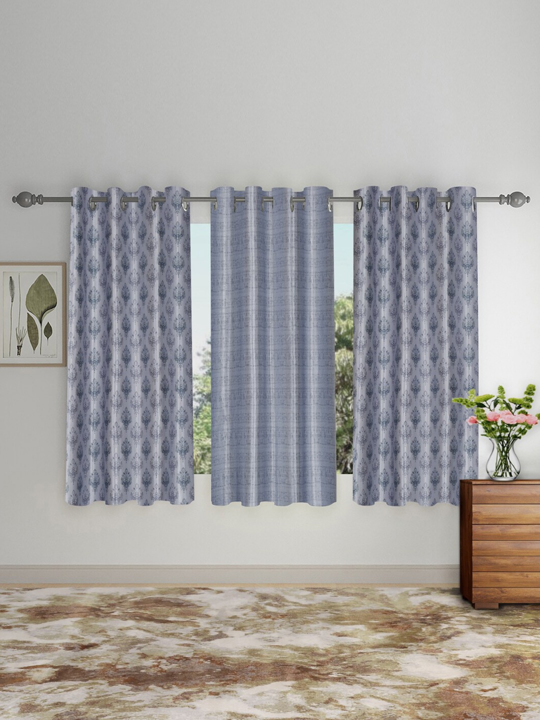 

SOKNACK Grey 3 Pieces Ethnic Motifs Printed Black Out Window Curtains