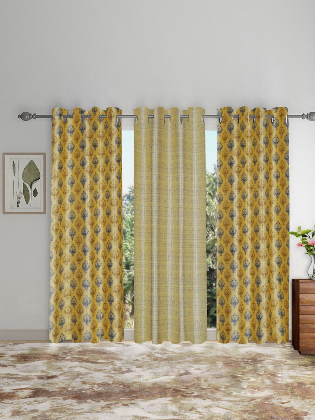 

SOKNACK Yellow & Cream-Coloured 3 Pieces Ethnic Motifs Black Out Door Curtains