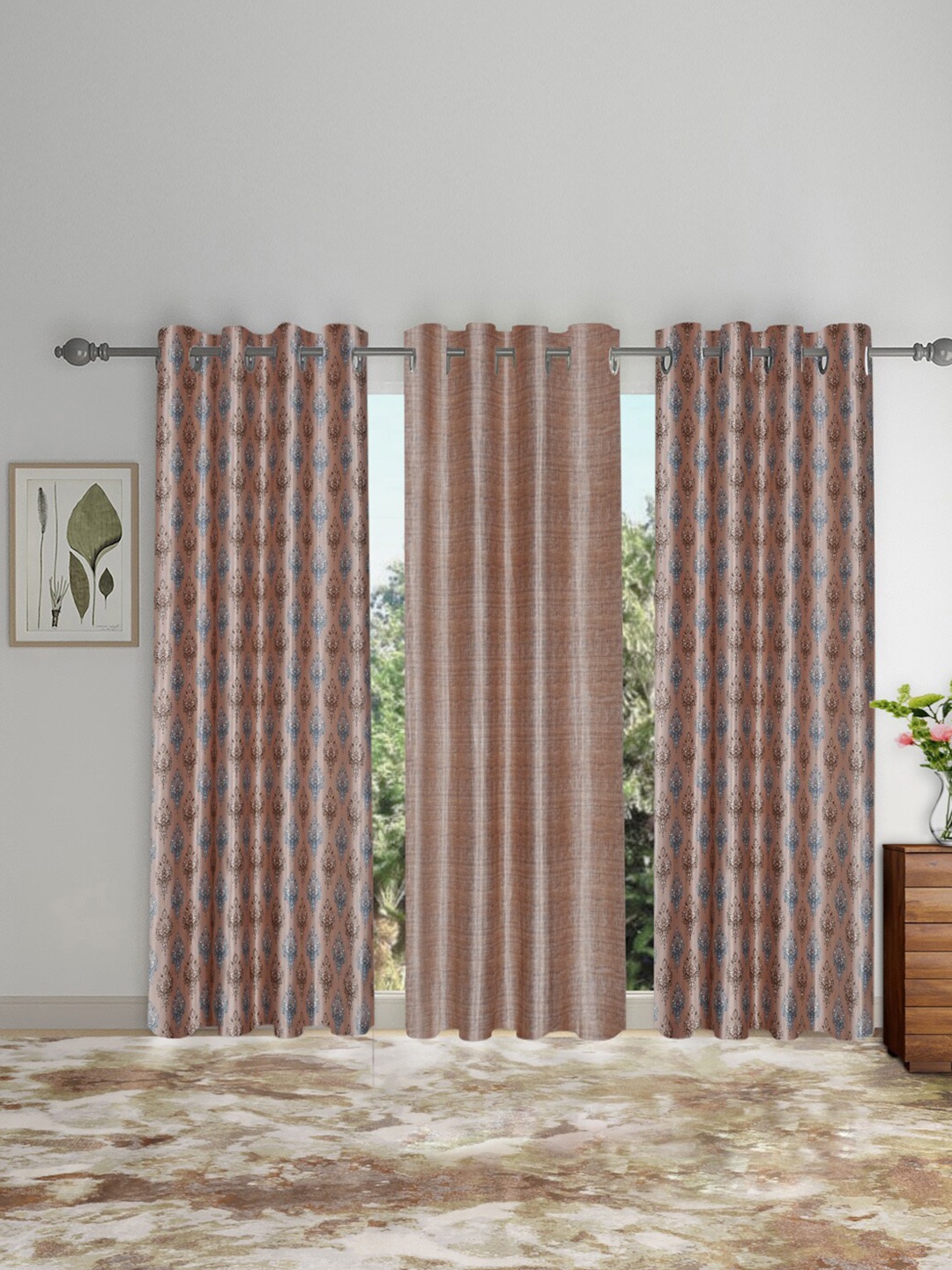 

SOKNACK Brown & Grey 3 Pieces Ethnic Motifs Black Out Door Curtains