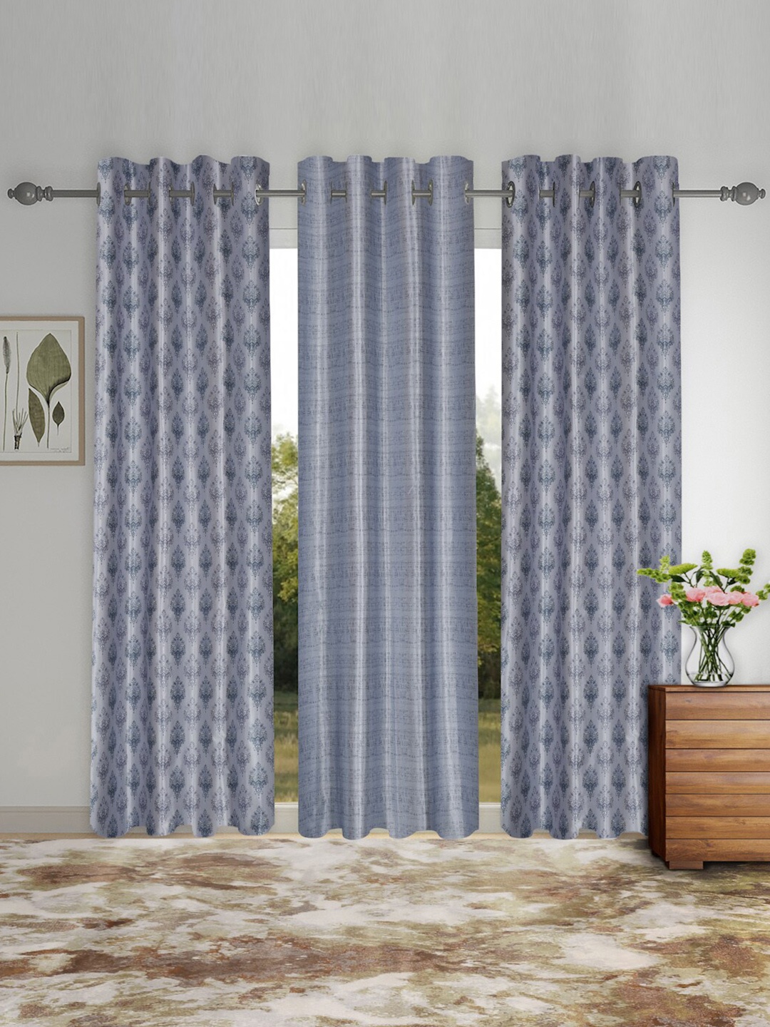 

SOKNACK Blue & Grey 3 Pieces Ethnic Motifs Black Out Long Door Curtains