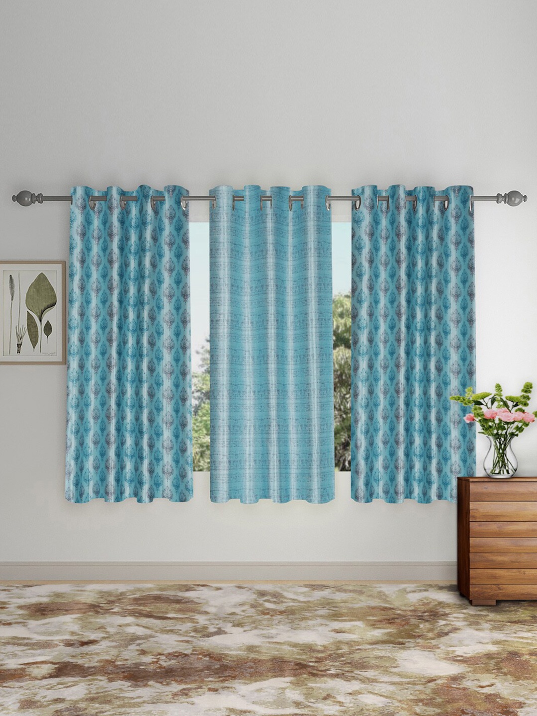 

SOKNACK Blue & Grey 3 Pieces Ethnic Motifs Printed Black Out Window Curtains