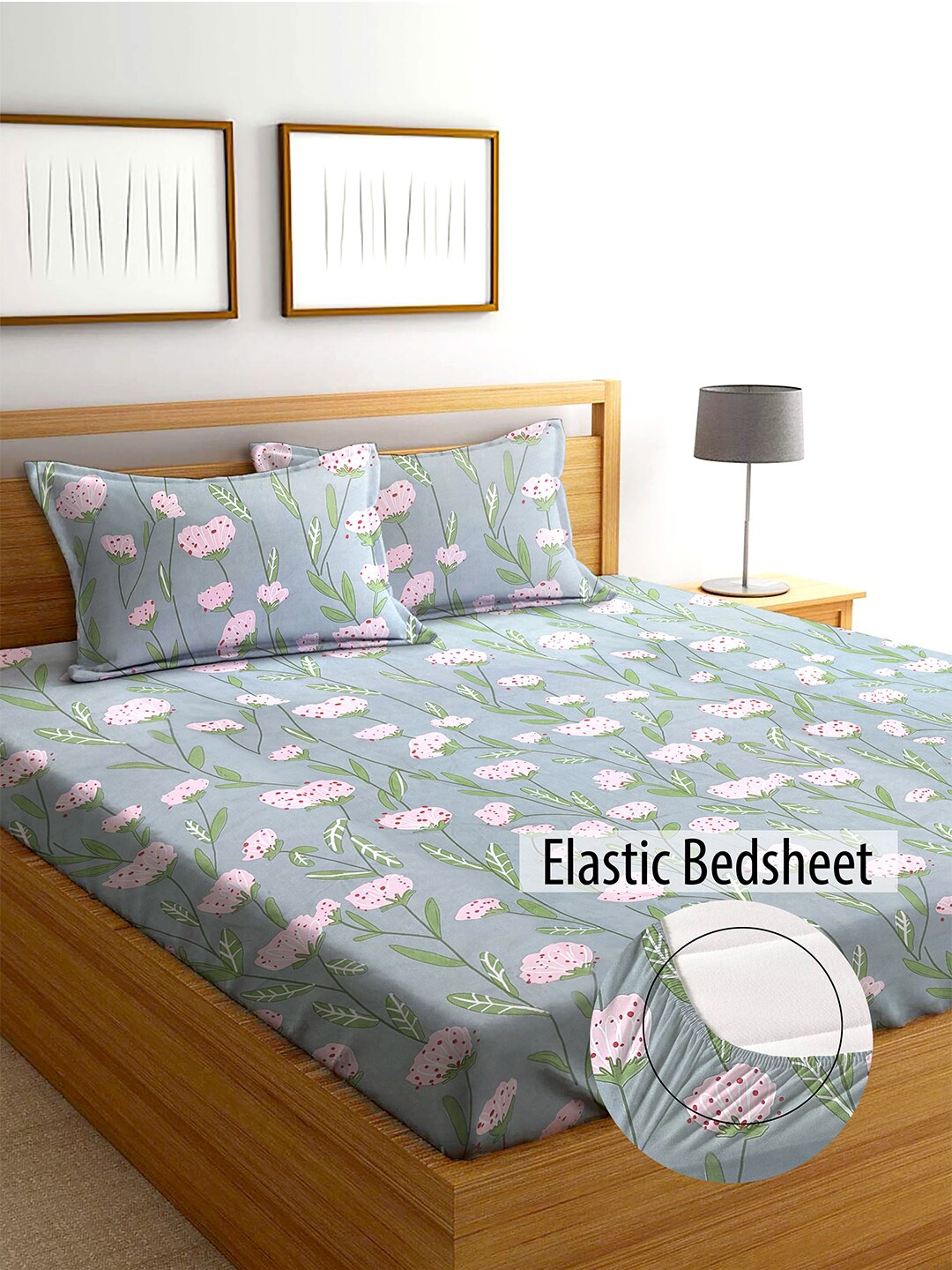 

AEROHAVEN Grey & Pink Floral Cotton Fitted 240 TC King Bedsheet With 2 Pillow Covers