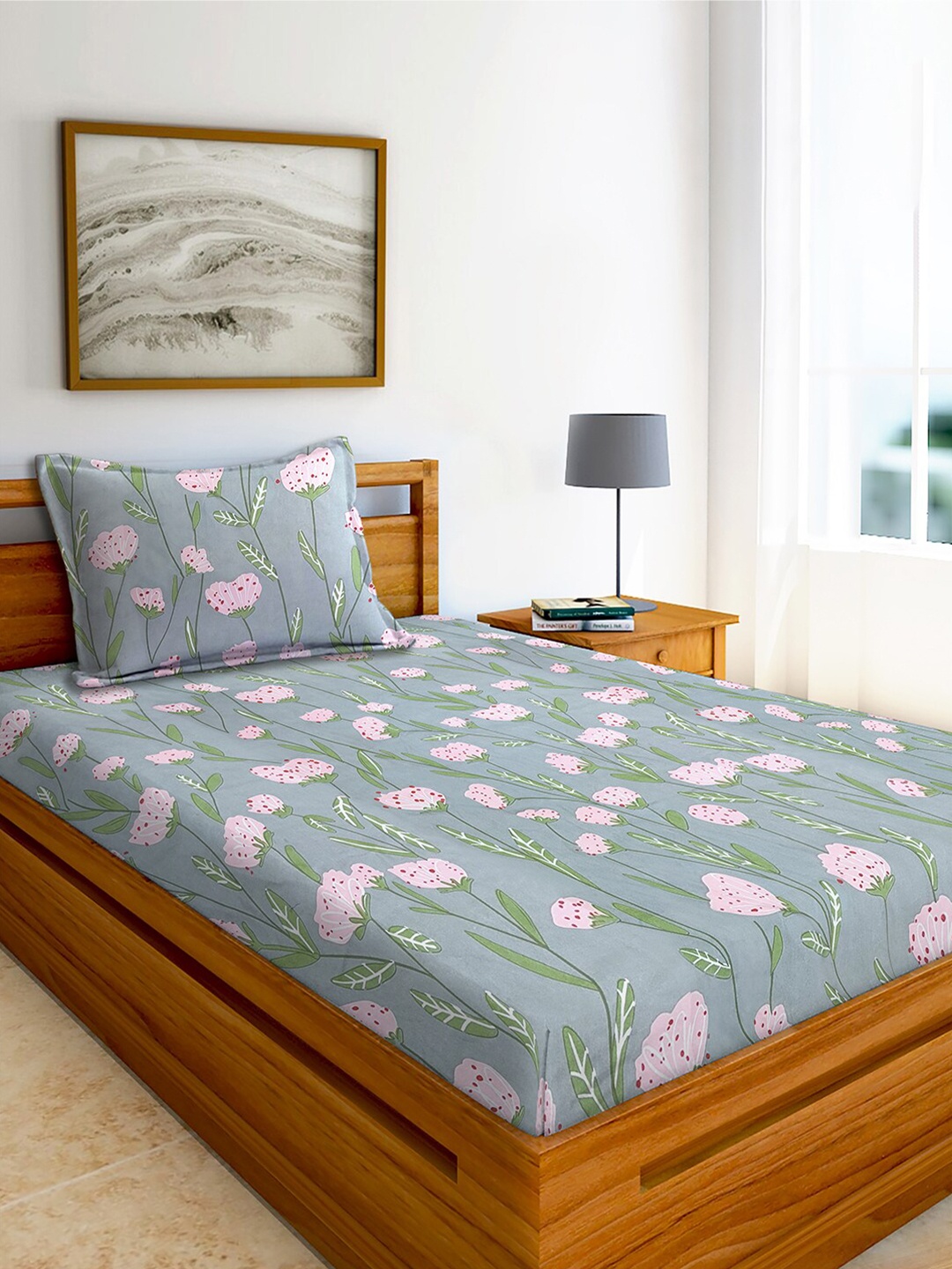

AEROHAVEN Grey & Pink Floral Cotton 240 TC Single Bedsheet With 1 Pillow Covers