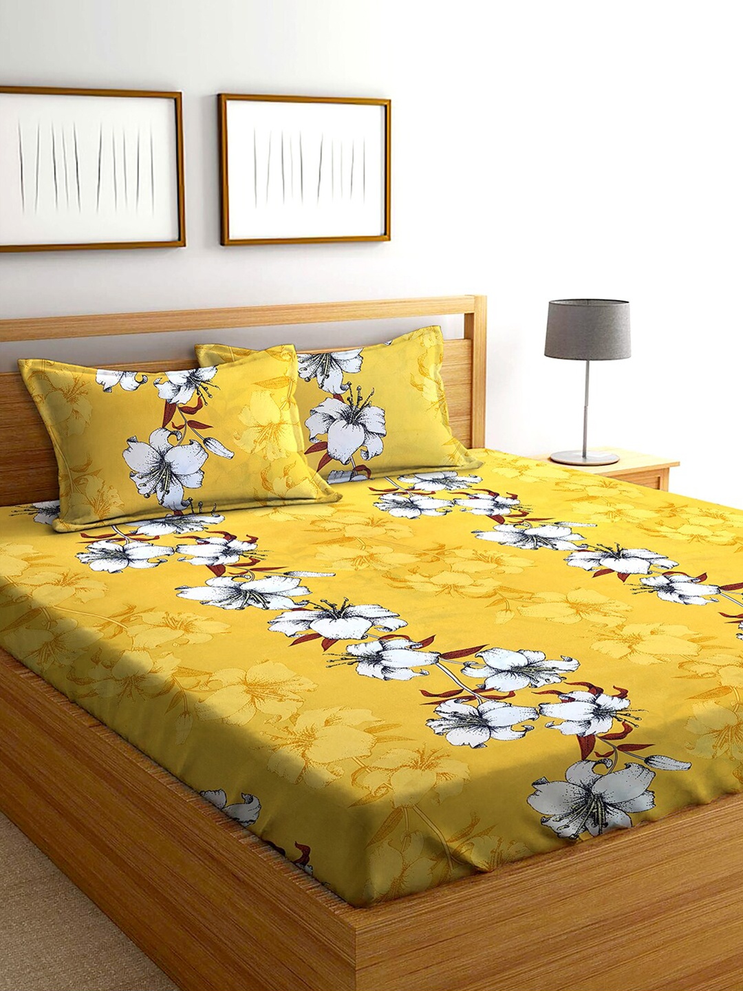 

AEROHAVEN Yellow & White Floral Cotton 240 TC Queen Bedsheet With 2 Pillow Covers