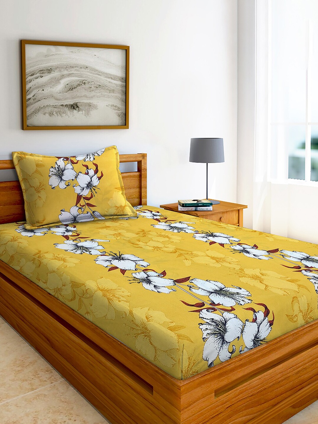 

AEROHAVEN Yellow & White Floral Cotton 240 TC Single Bedsheet With 1 Pillow Covers
