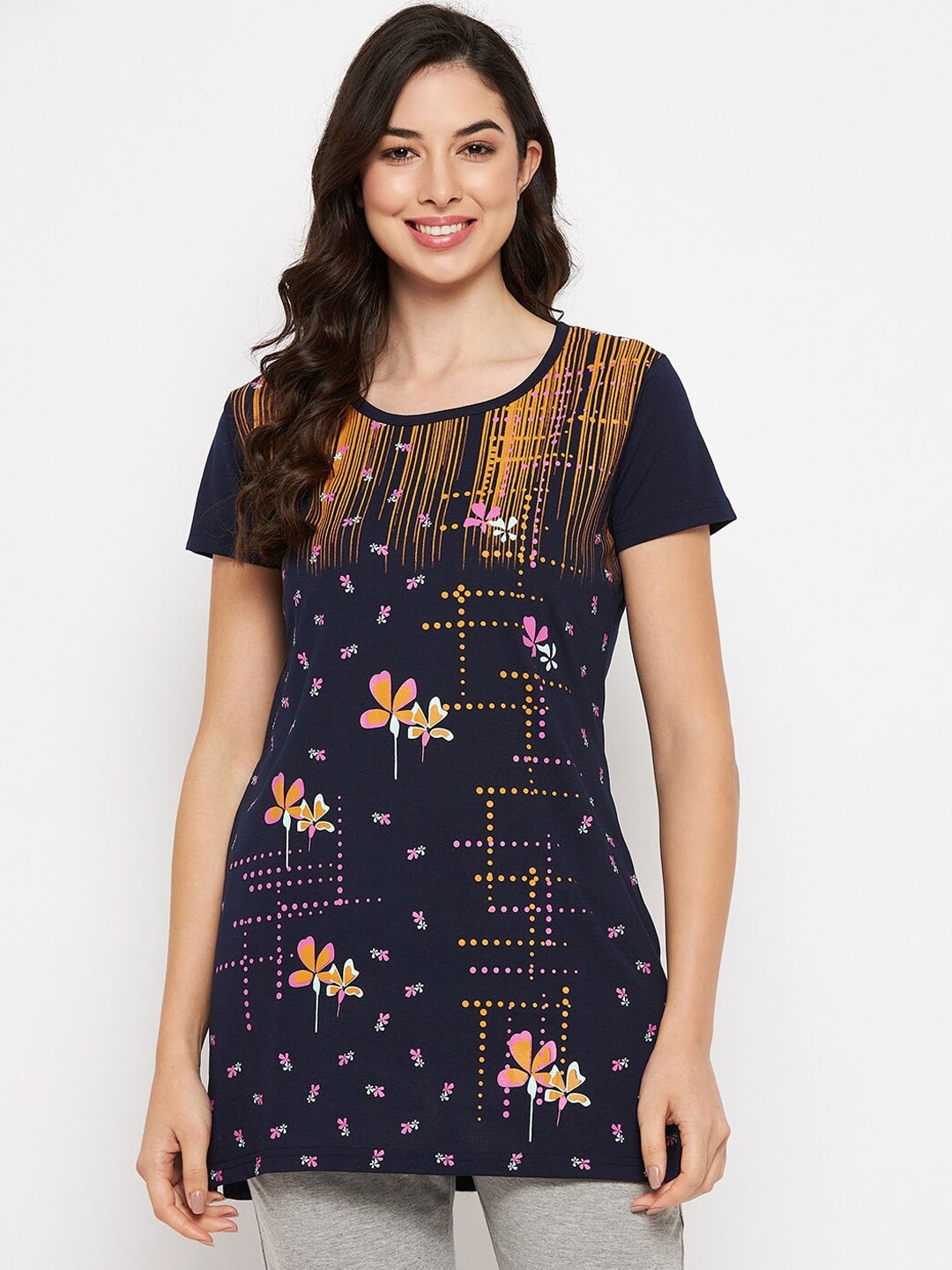 

VERO AMORE Printed Longline Lounge Tshirts, Navy blue