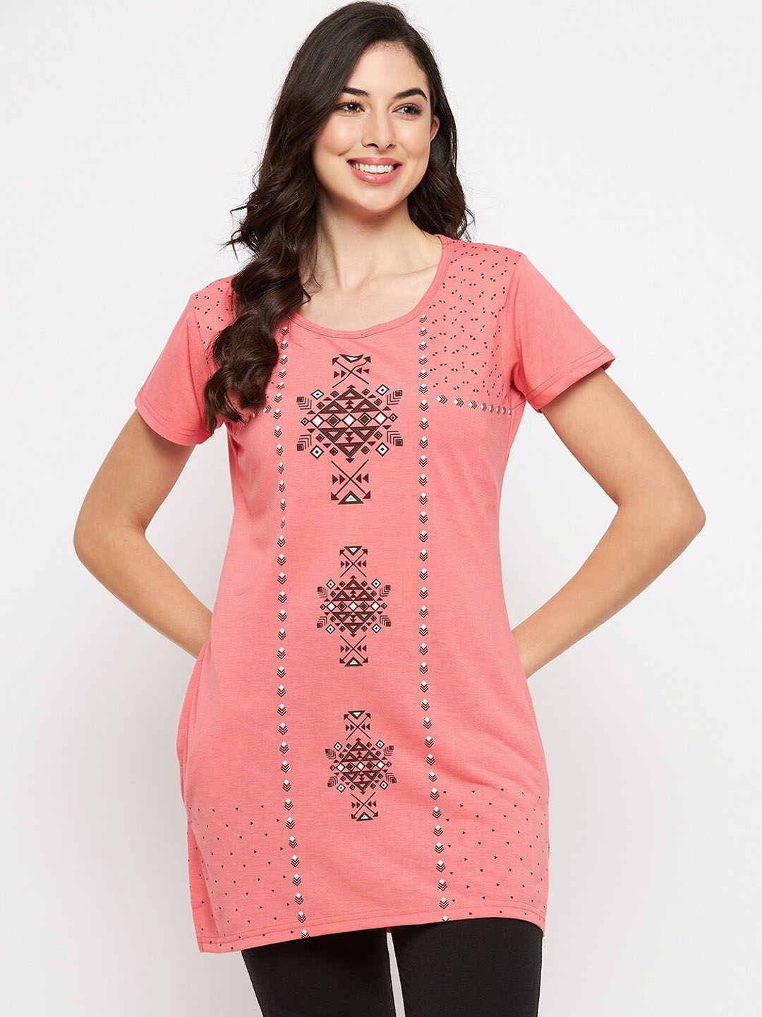 

VERO AMORE Printed Longline Lounge T-shirts, Peach