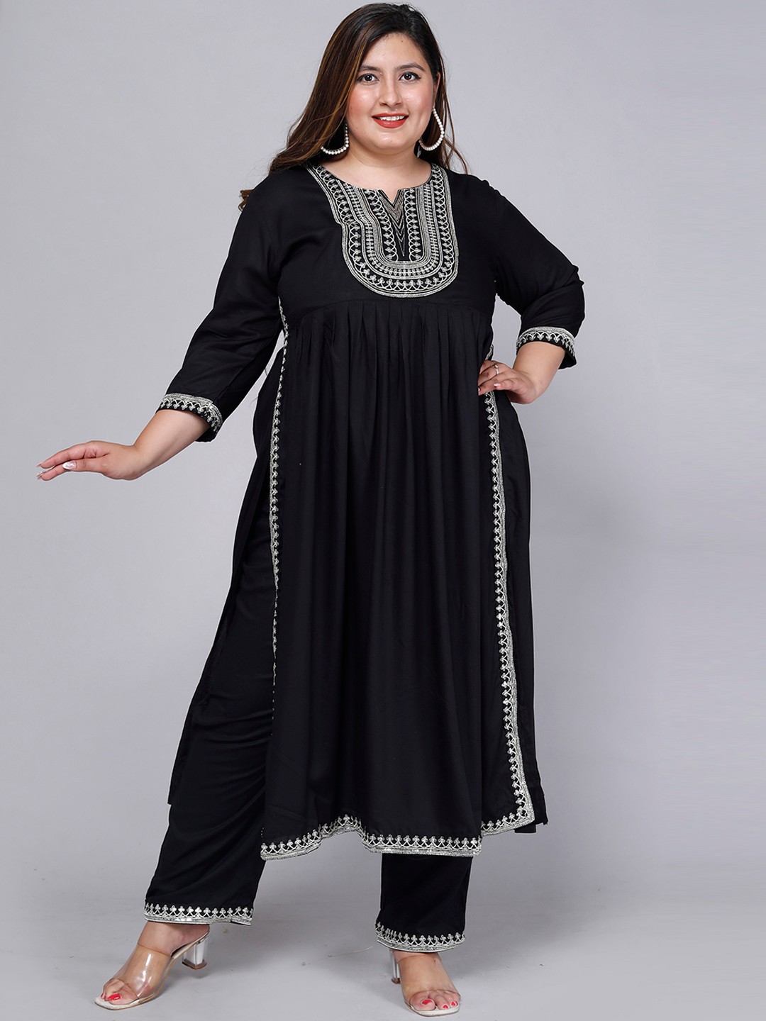 

PNEHA Ethnic Motifs Embroidered A-Line Kurta with Trousers, Black