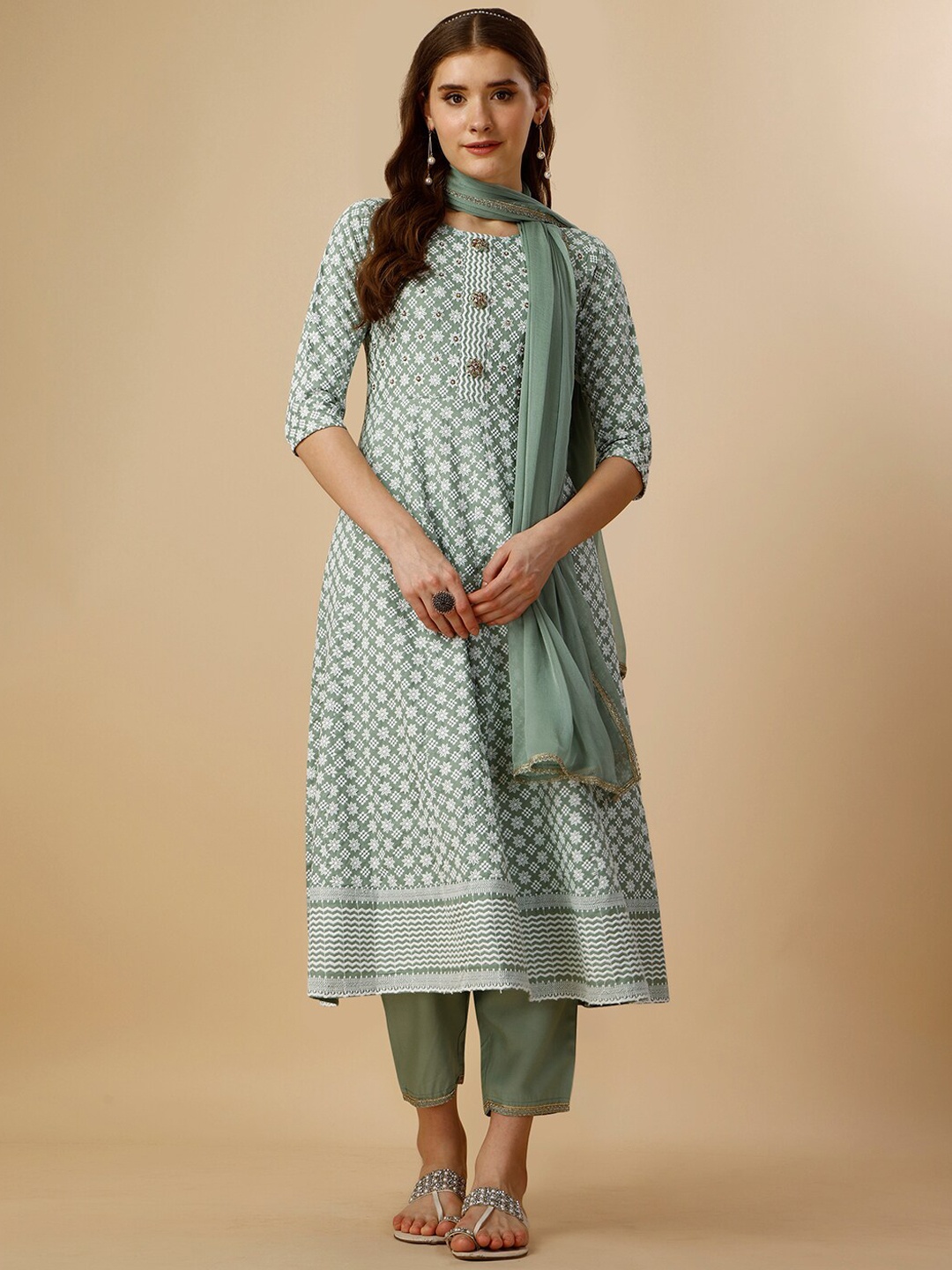 

Berrylicious Floral Embroidered Chanderi Cotton Kurta With Trousers & Dupatta, Green