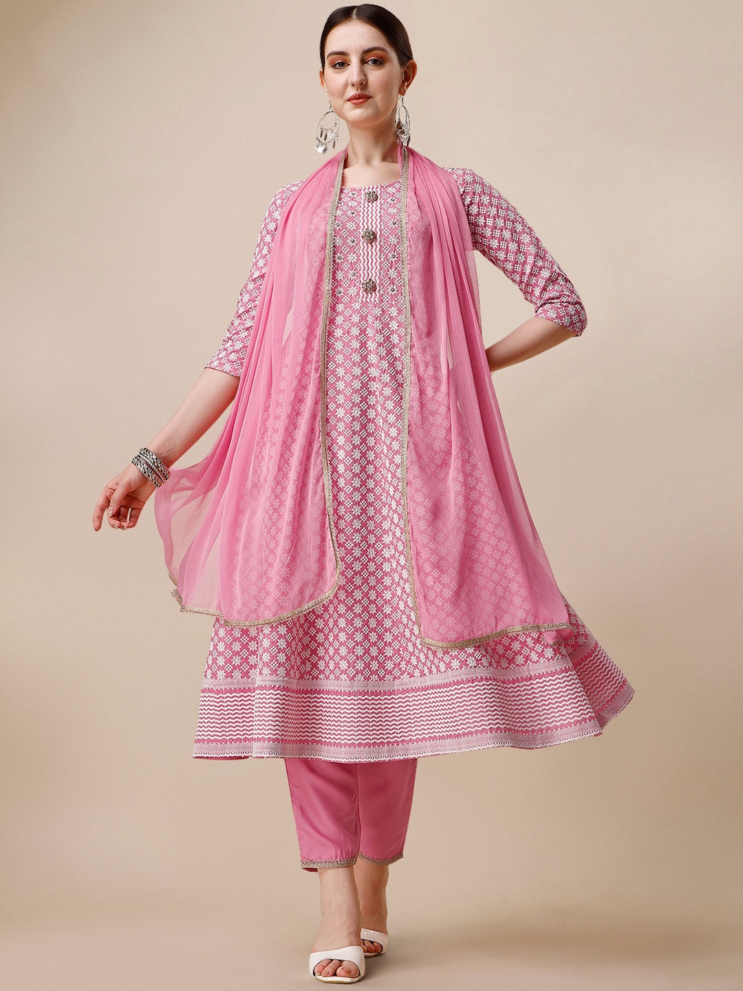 

Berrylicious Floral Embroidered Chanderi Cotton Kurta With Trousers & Dupatta, Pink