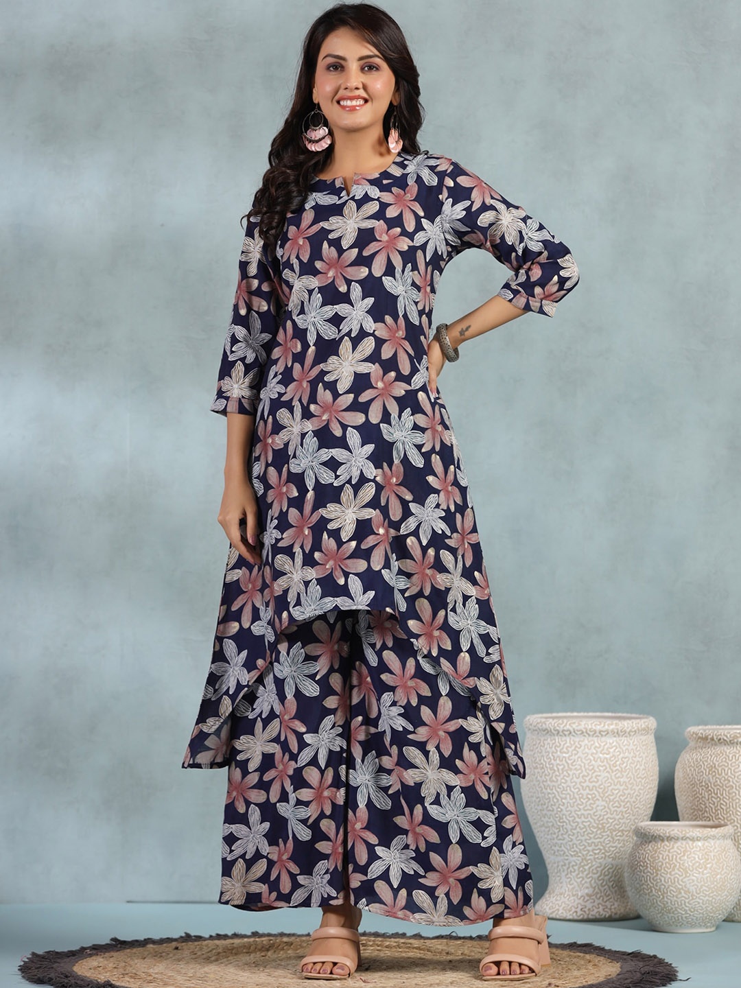 

EtnicaWear High-Low Floral Printed A-Line Kurta with Palazzos, Blue