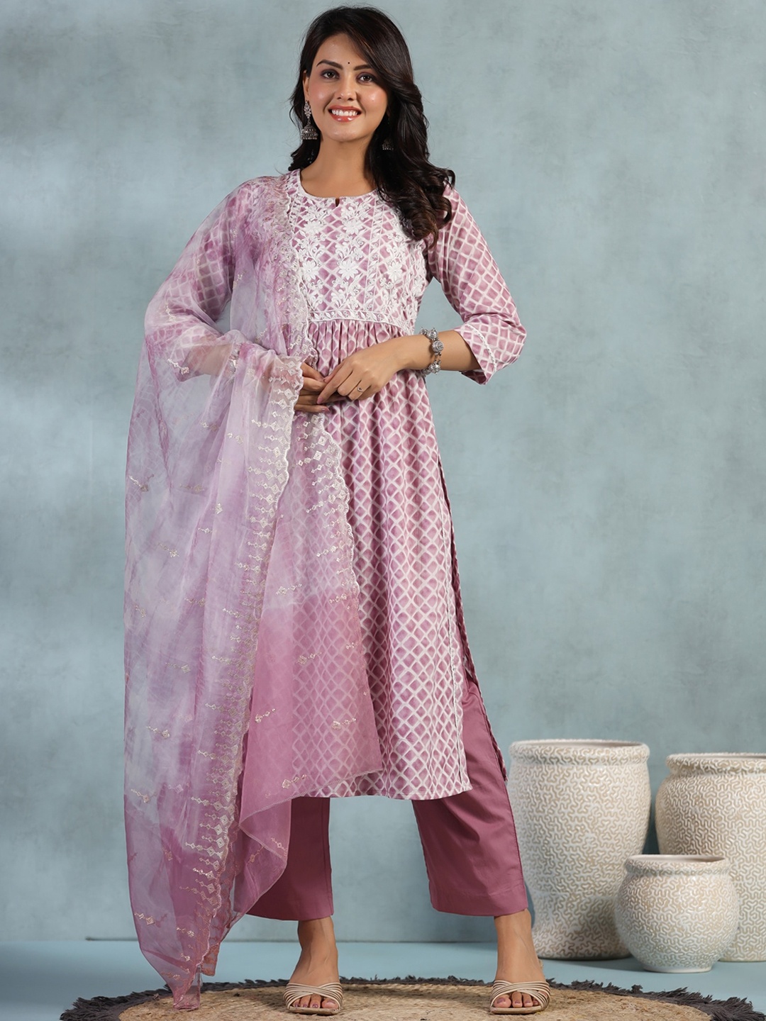 

EtnicaWear Floral Embroidered Sequined A-Line Pure Cotton Kurta with Trousers & Dupatta, Mauve