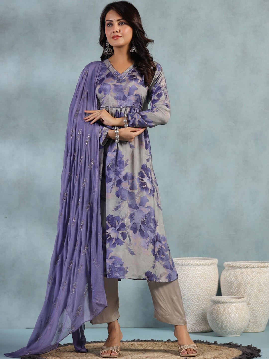 

EtnicaWear Floral Printed Sequined A-Line Kurta with Trousers & Dupatta, Blue