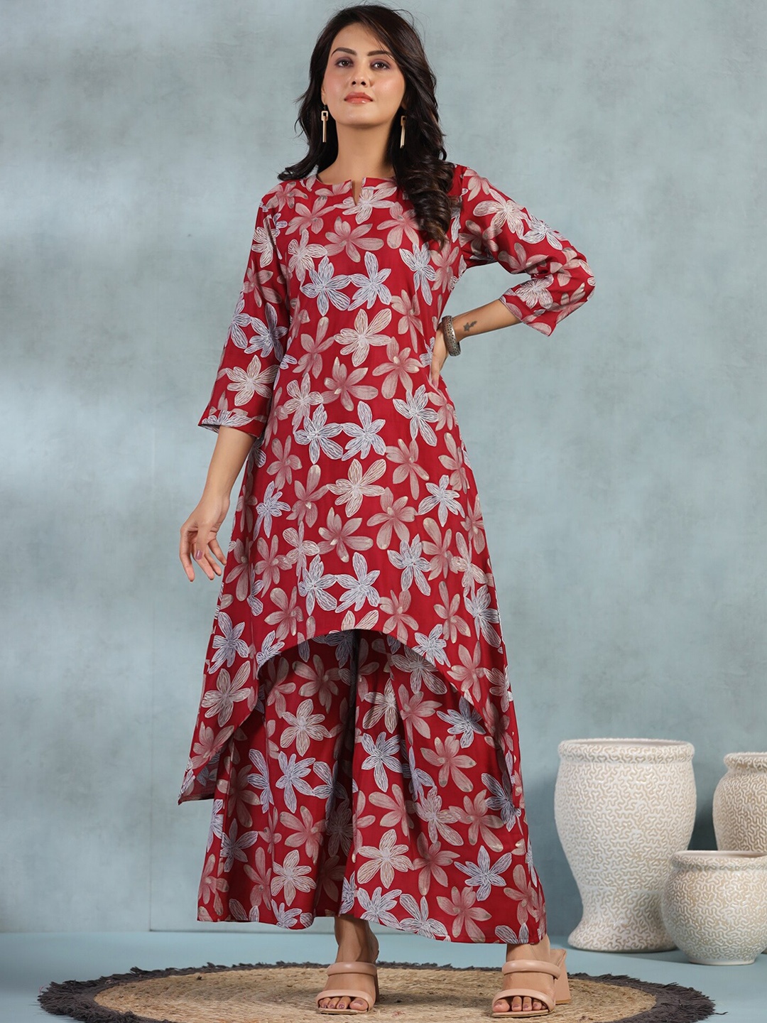 

EtnicaWear High-Low Floral Printed A-Line Kurta with Palazzos, Red