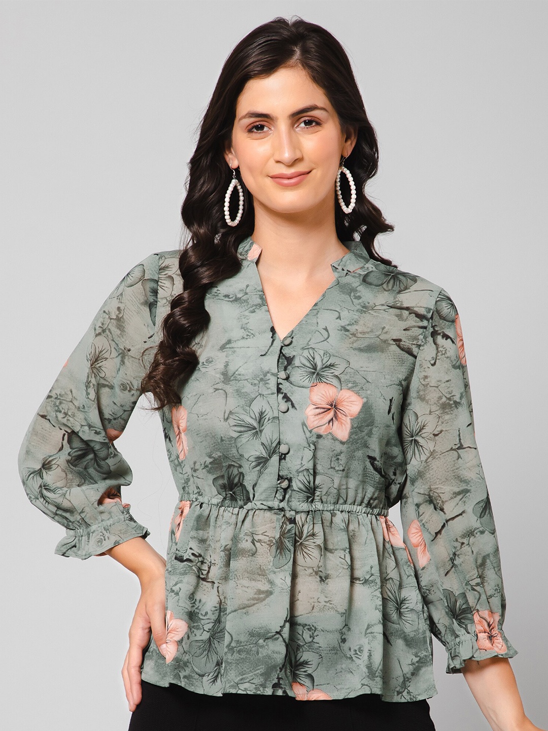 PURYS Floral Printed Puff Sleeve Georgette Cinched Waist Top, Green