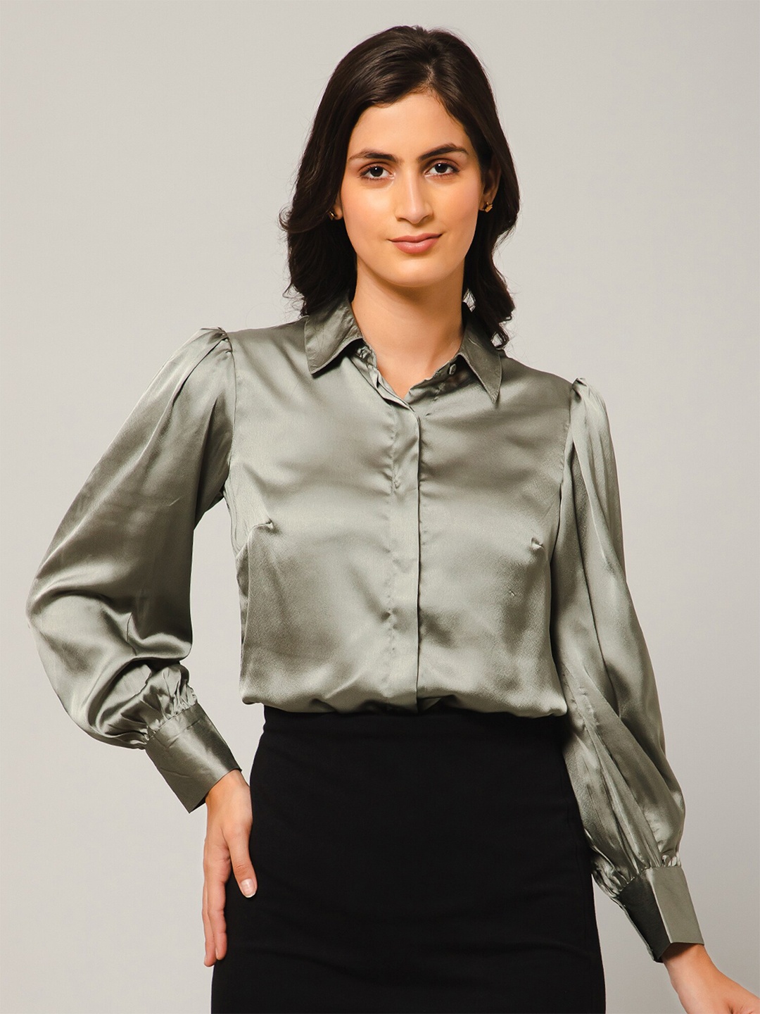 

PURYS Satin Casual Shirt, Green