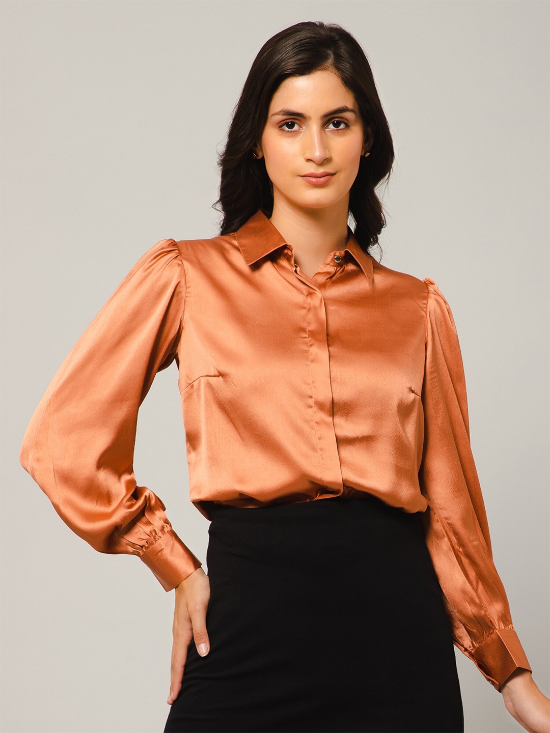 

PURYS Satin Casual Shirt, Rust