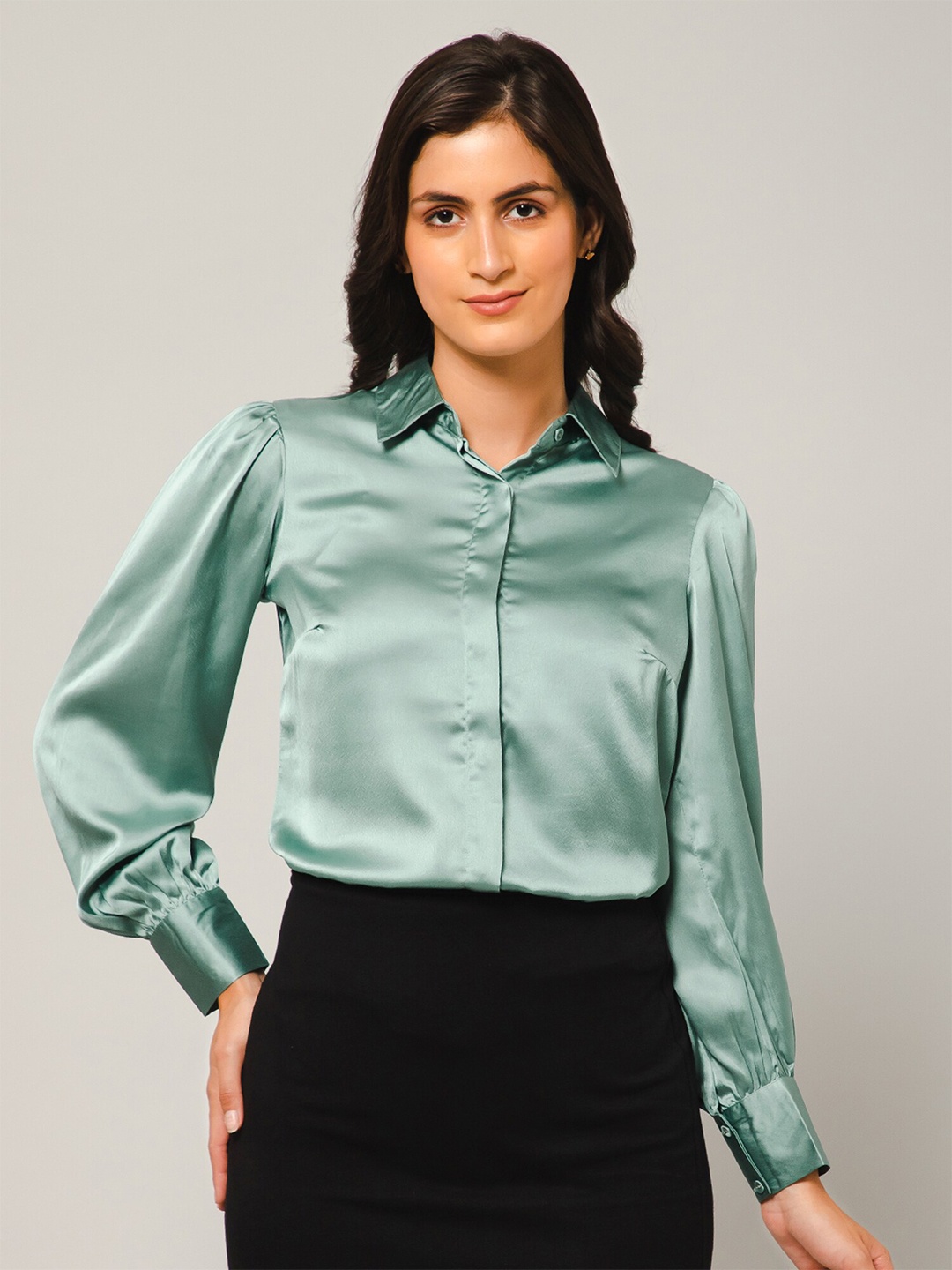 

PURYS Satin Casual Shirt, Green