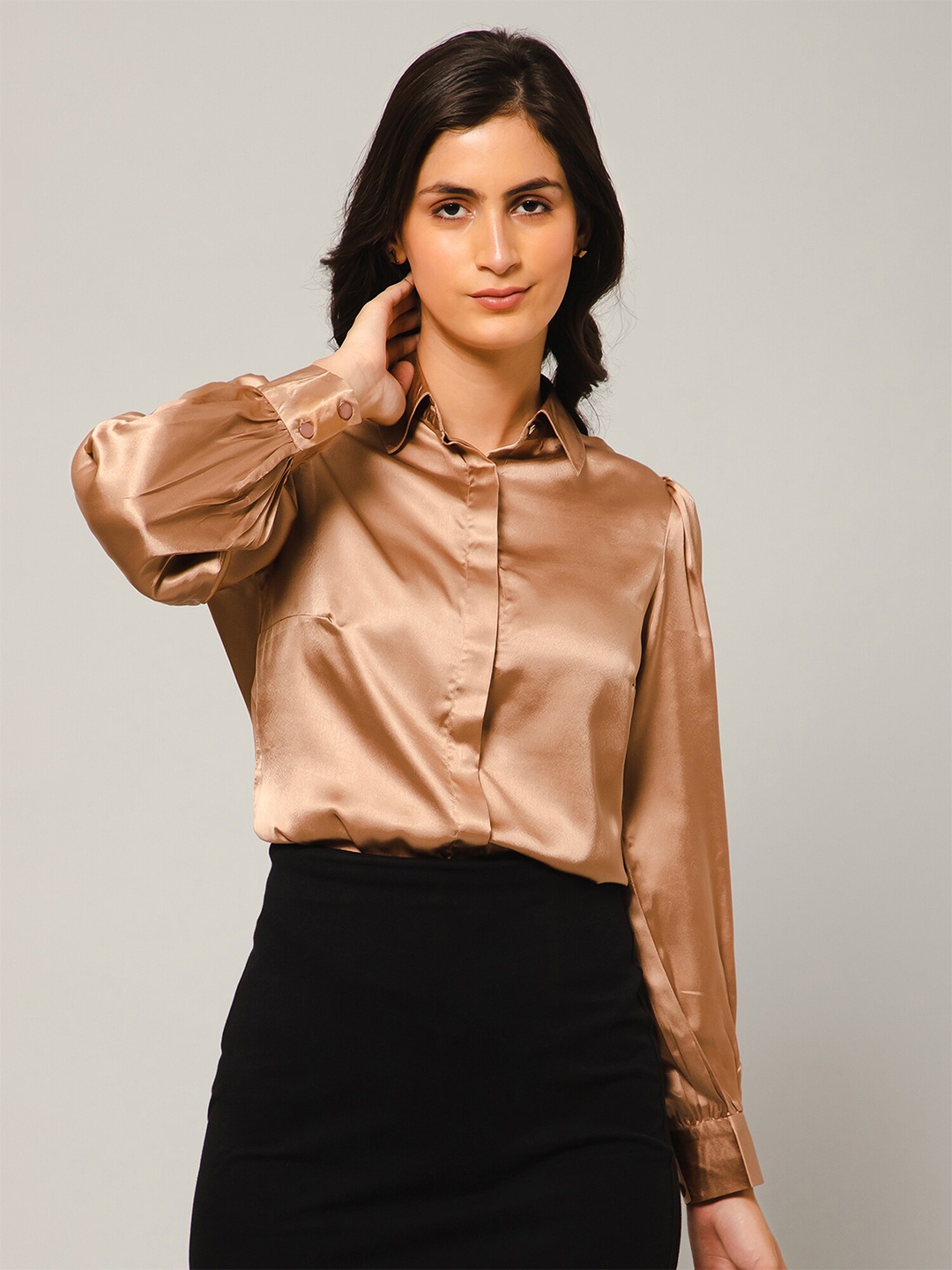 

PURYS Satin Casual Shirt, Brown