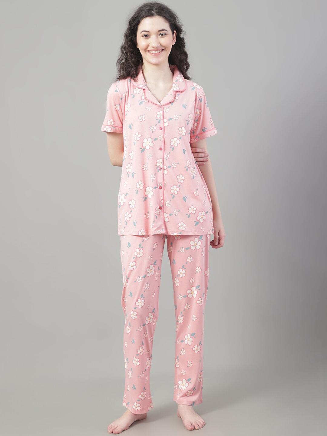 

Kanvin Pink & Blue Floral Printed Night Suit