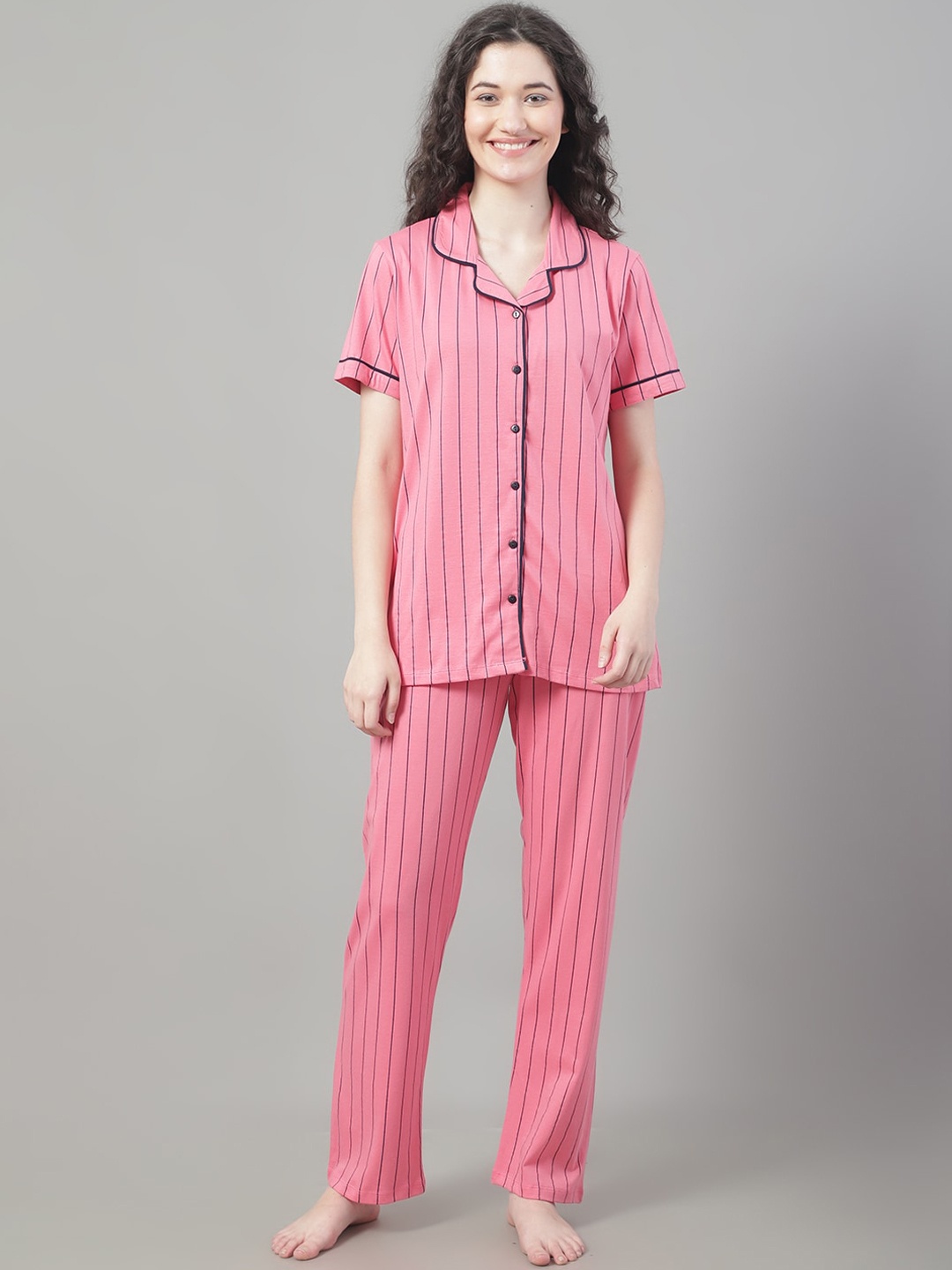 

Kanvin Pink & Black Striped Pure Cotton Night Suit