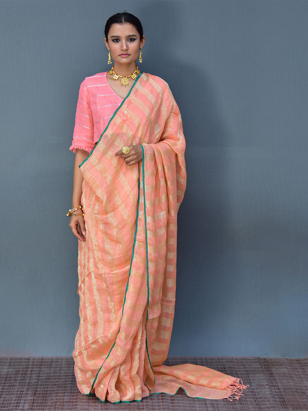 

Chidiyaa Striped Zari Saree, Orange