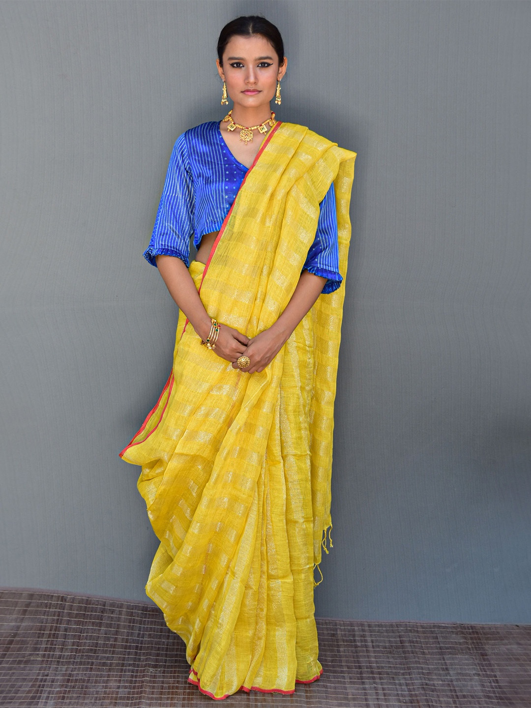 

Chidiyaa Striped Zari Saree, Yellow