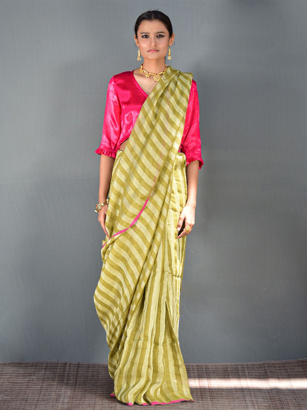 

Chidiyaa Striped Zari Saree, Olive