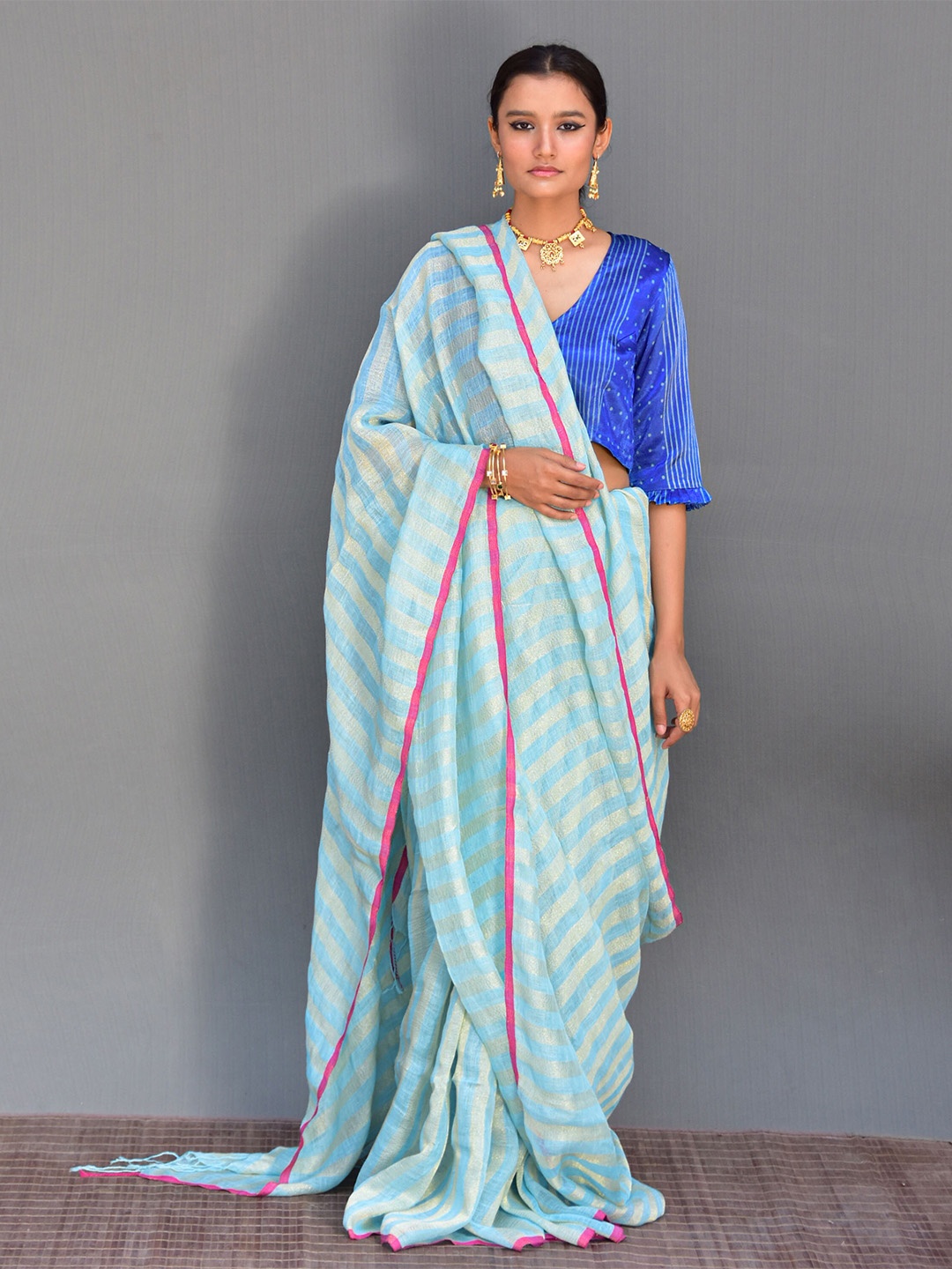 

Chidiyaa Striped Zari Saree, Blue