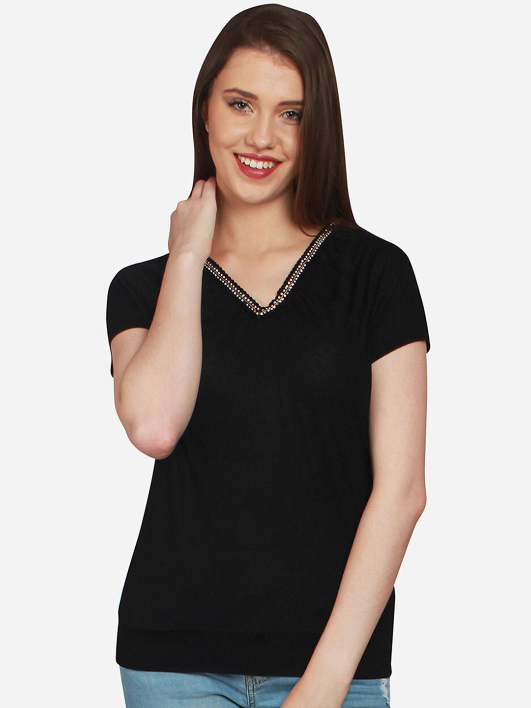 

urSense V-Neck Extended Sleeve Cotton Top, Black