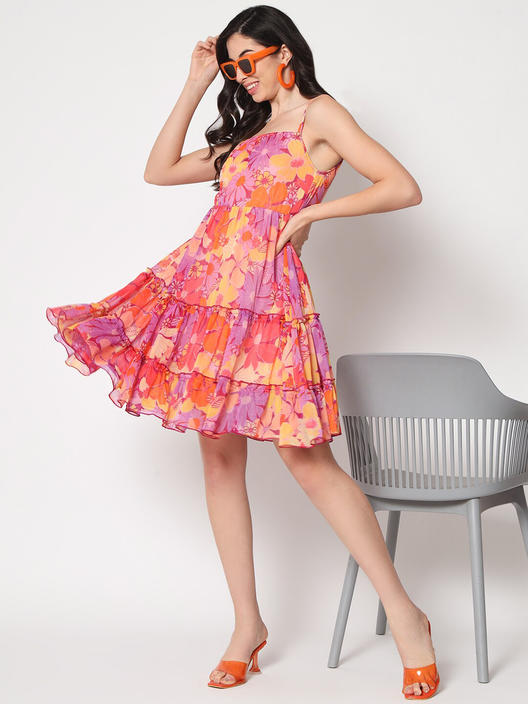 

CUFFS N LASHES Floral Printed Georgette Fit & Flare Dress, Red