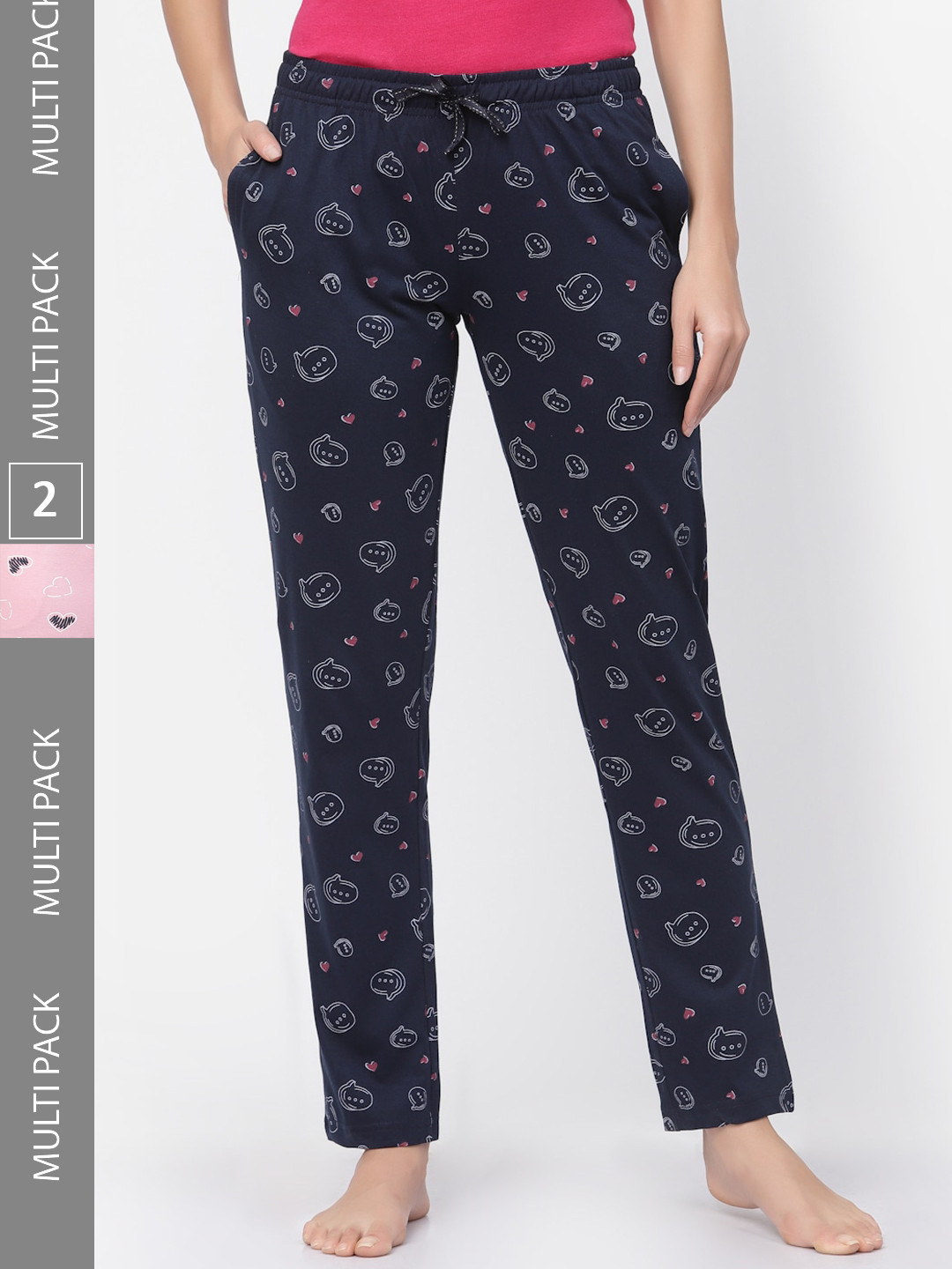 

Sweet Dreams Women Pack Of 2 Conversational Printed Cotton Lounge Pants, Navy blue