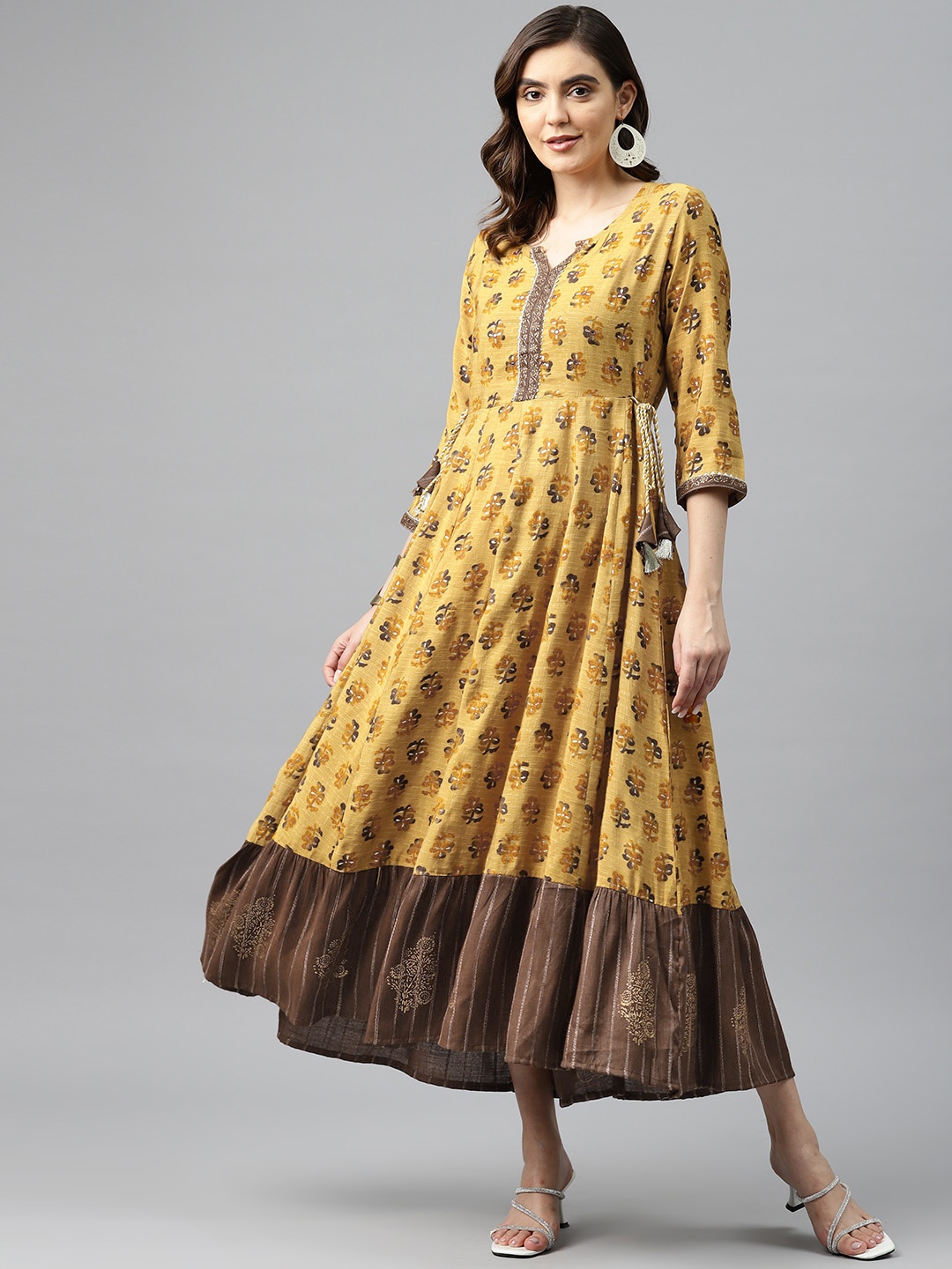 

Readiprint Fashions Floral Print Fit & Flare Midi Ethnic Style Dress, Mustard