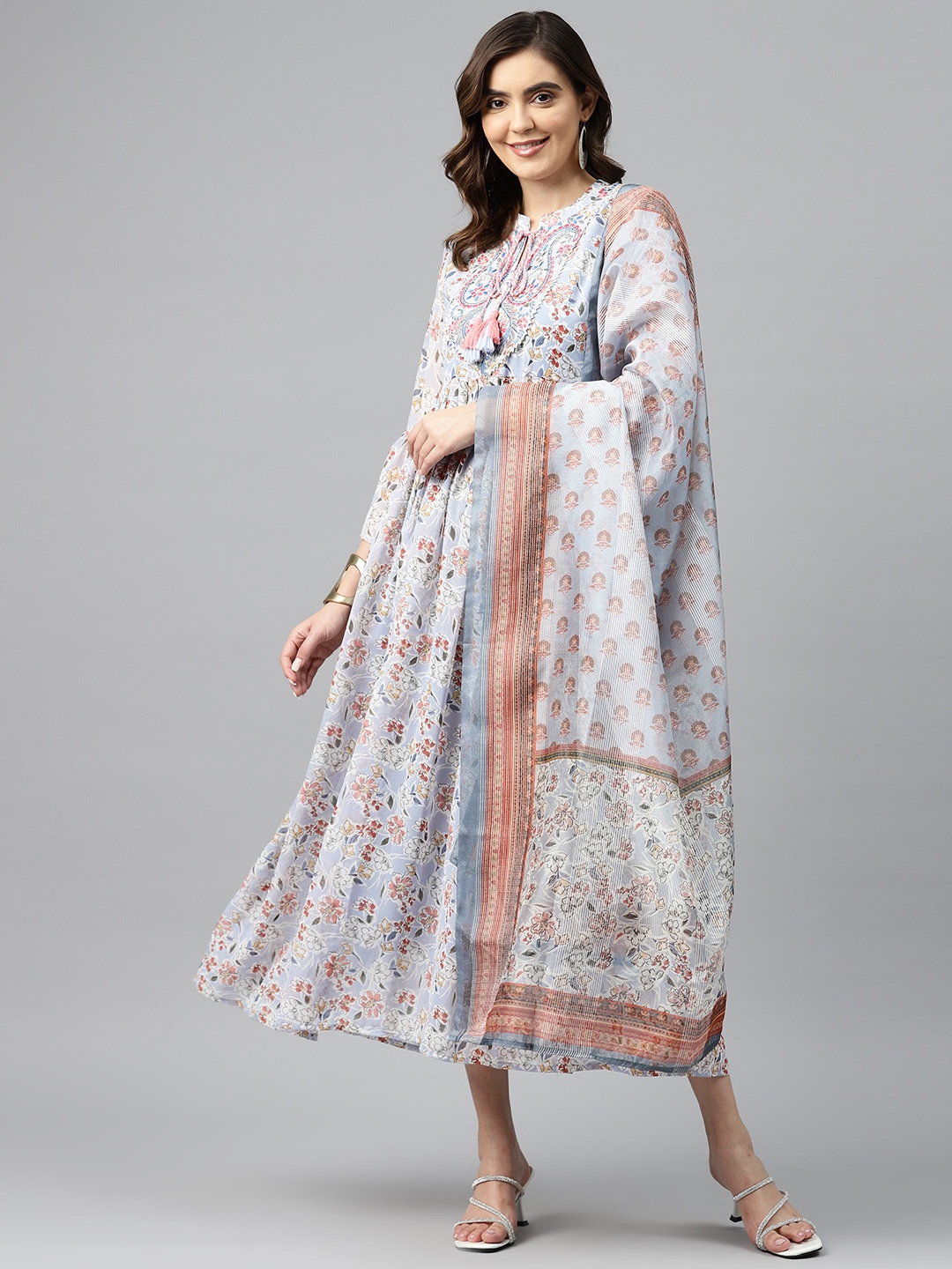 

Readiprint Fashions Paisley Print Fit & Flare Midi Ethnic Style Dress with Dupatta, Grey