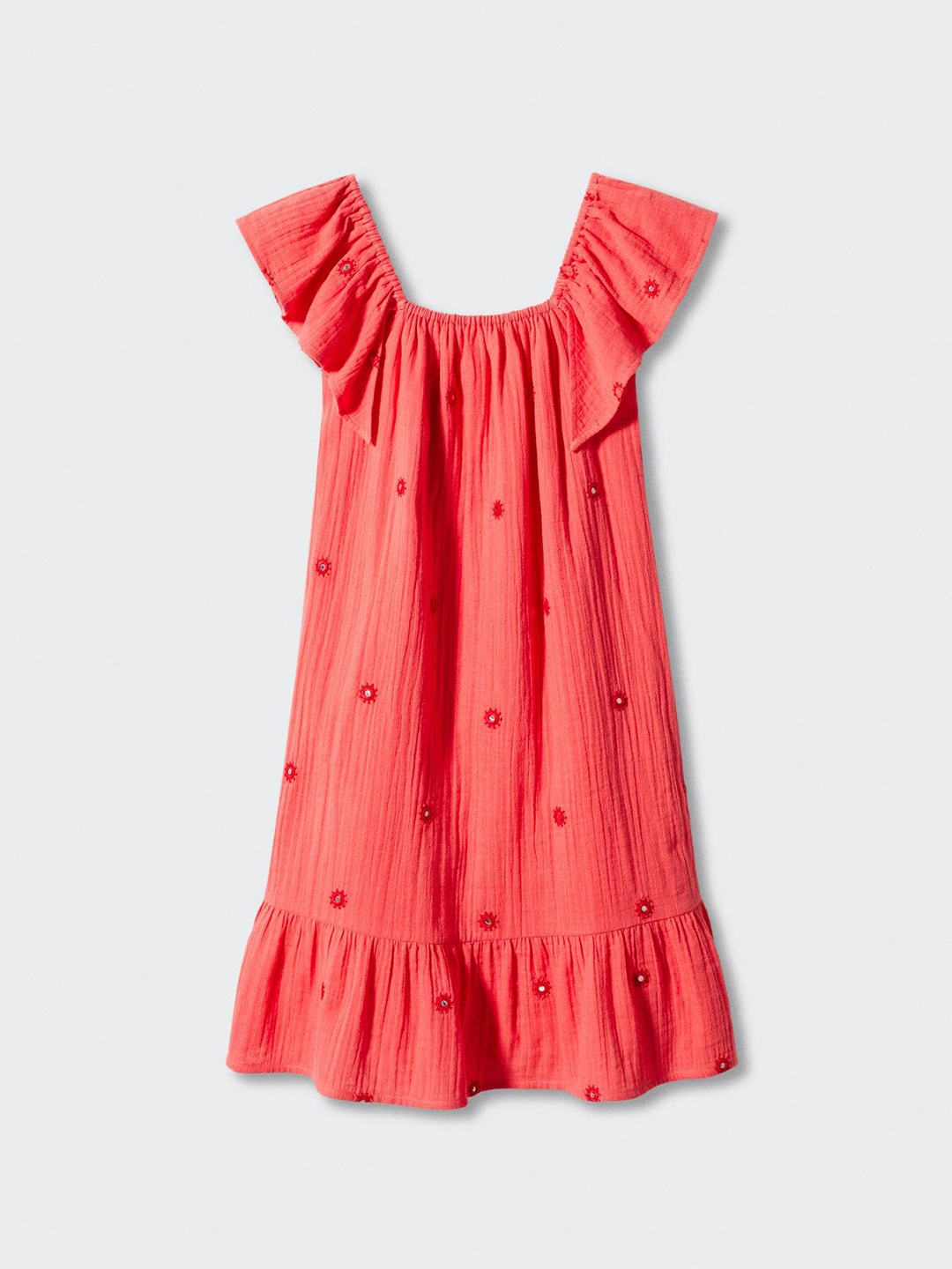 

Mango Kids Girls Pure Cotton Mirror-Work Flutter Sleeve Midi A-Line Dress, Coral