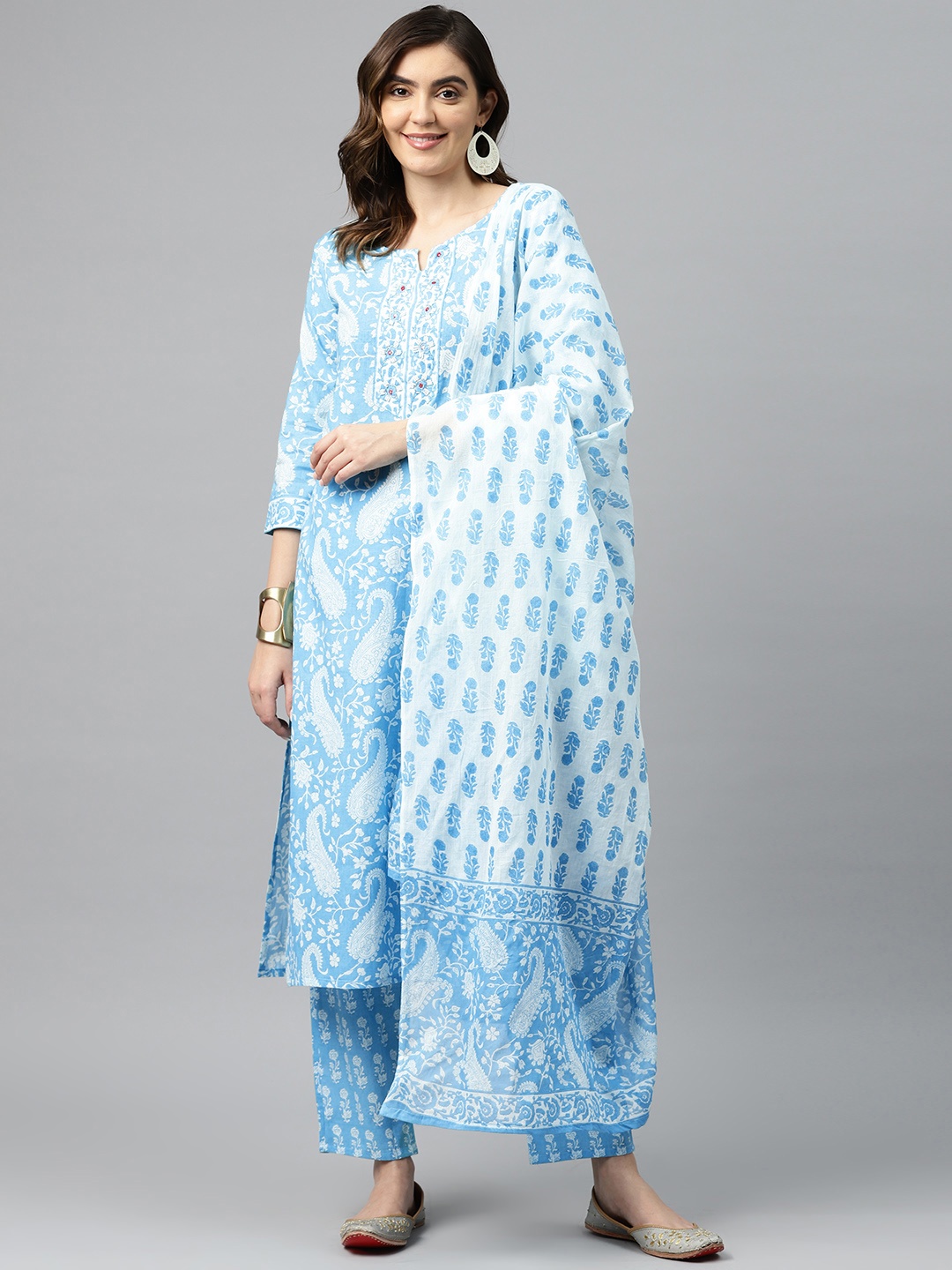 

Readiprint Fashions Paisley Printed Beaded Pure Cotton Kurta with Palazzos & Dupatta, Blue