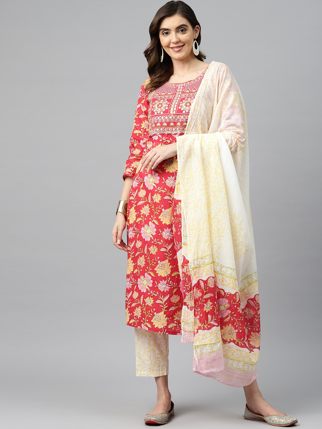 

Readiprint Fashions Women Embroidered Pure Cotton Kurta with Trousers & Dupatta, Red