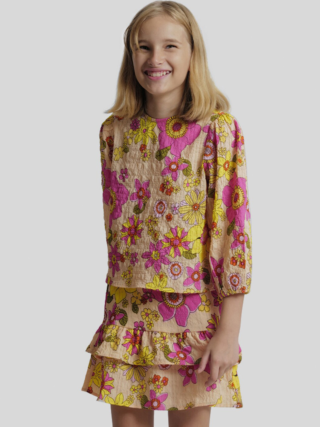 

KIDS ONLY Girls Floral Printed Puff Sleeves Top, Yellow