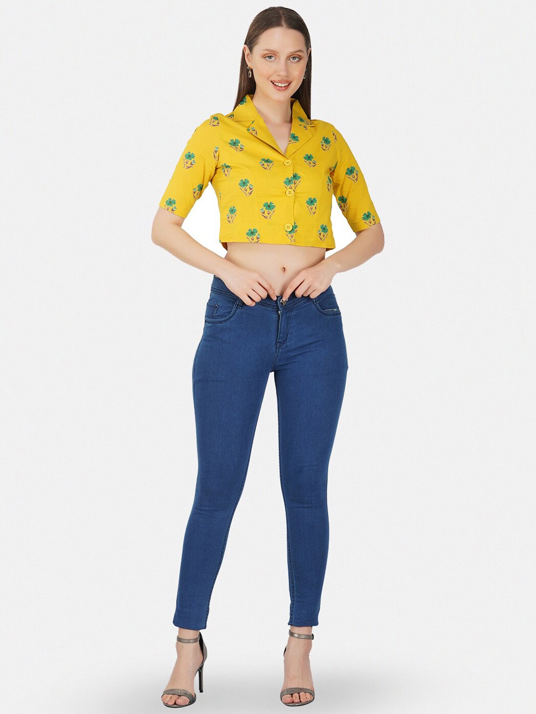 

GULAB CHAND TRENDS Floral Printed Lapel Collar Cotton Crop Top, Yellow