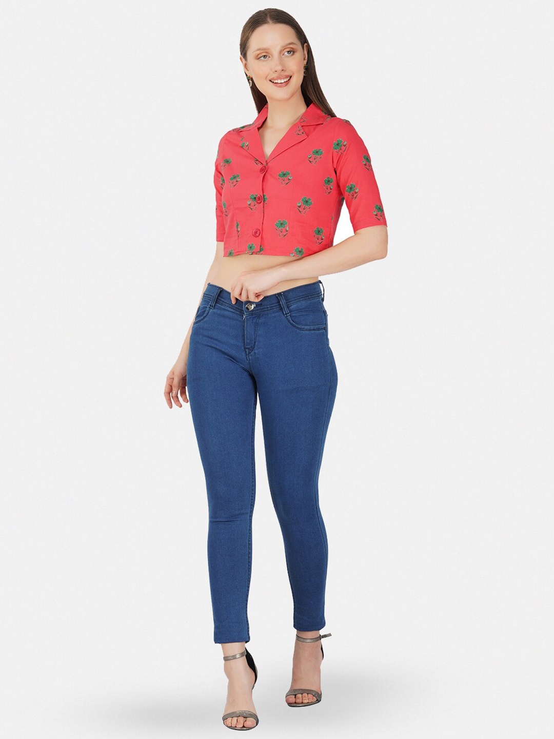 

GULAB CHAND TRENDS Floral Printed Cotton Shirt Style Crop Top, Red