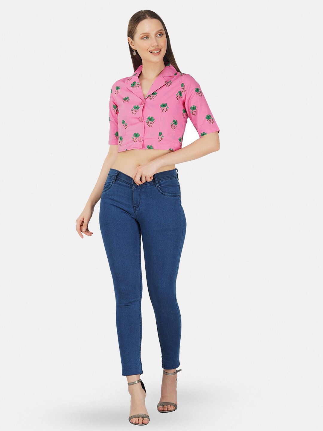 

GULAB CHAND TRENDS Floral Printed Cotton Shirt Style Crop Top, Pink