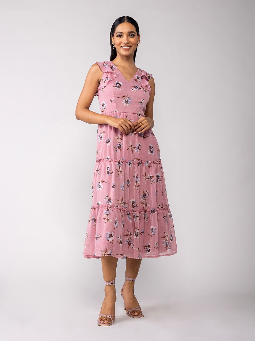 

20Dresses Floral Printed Georgette A-Line Midi Dress, Pink