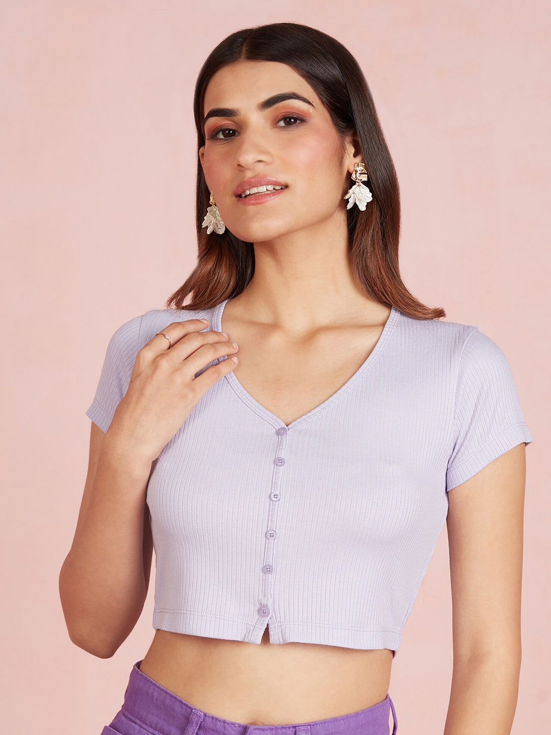 

20Dresses Lavender V-Neck Short Sleeves Ribbed Crop Top