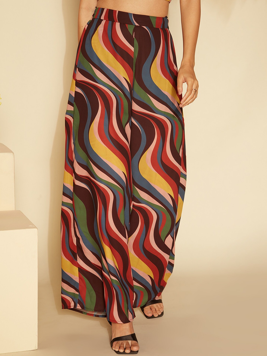

20Dresses Women Yellow & Red Abstract Printed Flared High-Rise Parallel Trousers